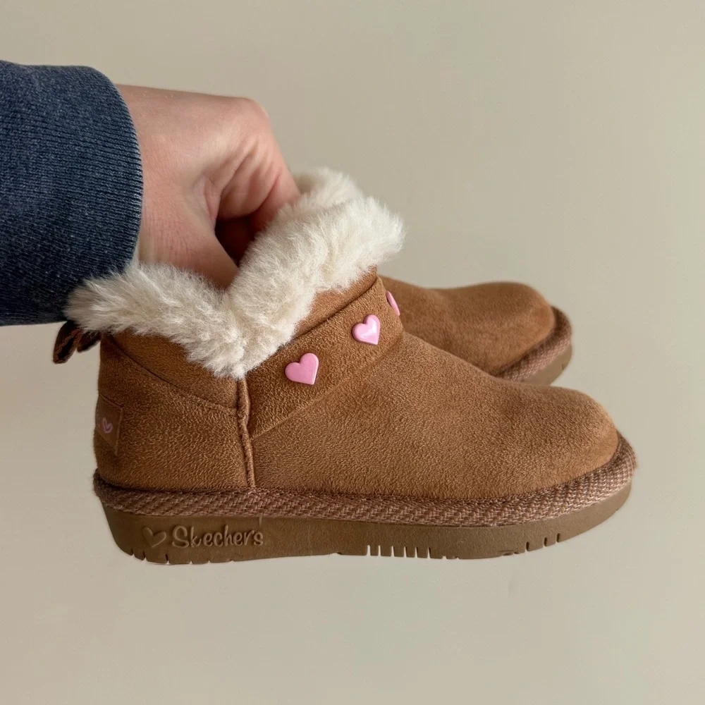 Sketchers Glam Slam Mount Cozy Sherpa Boots - Brown/Pink Hearts - Toddler Size 7